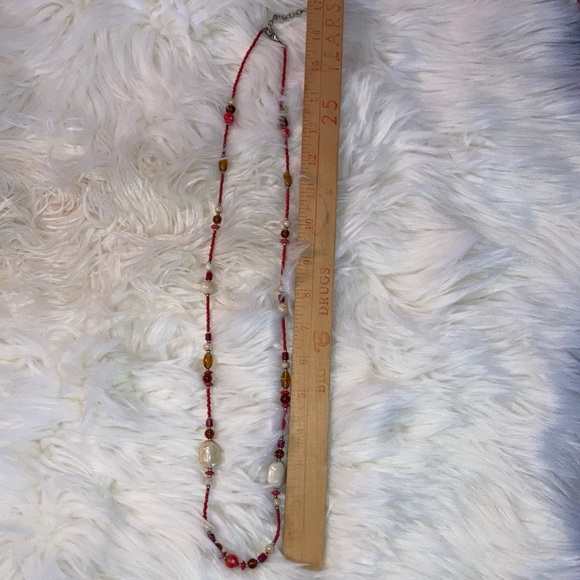 NECKLACE, 34” w/ extender 3”, red, cream & brown beads, lobster close $9 - Picture 2 of 3